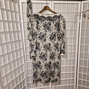 Vintage Flora Kung Silk Black and Cream Midi Dress Sz 8